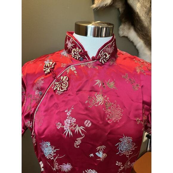 Vintage SOLZ Squirrel Red Rayon Satin Wiggle Fitted Dress Gown Size 42 - Picture 4 of 14